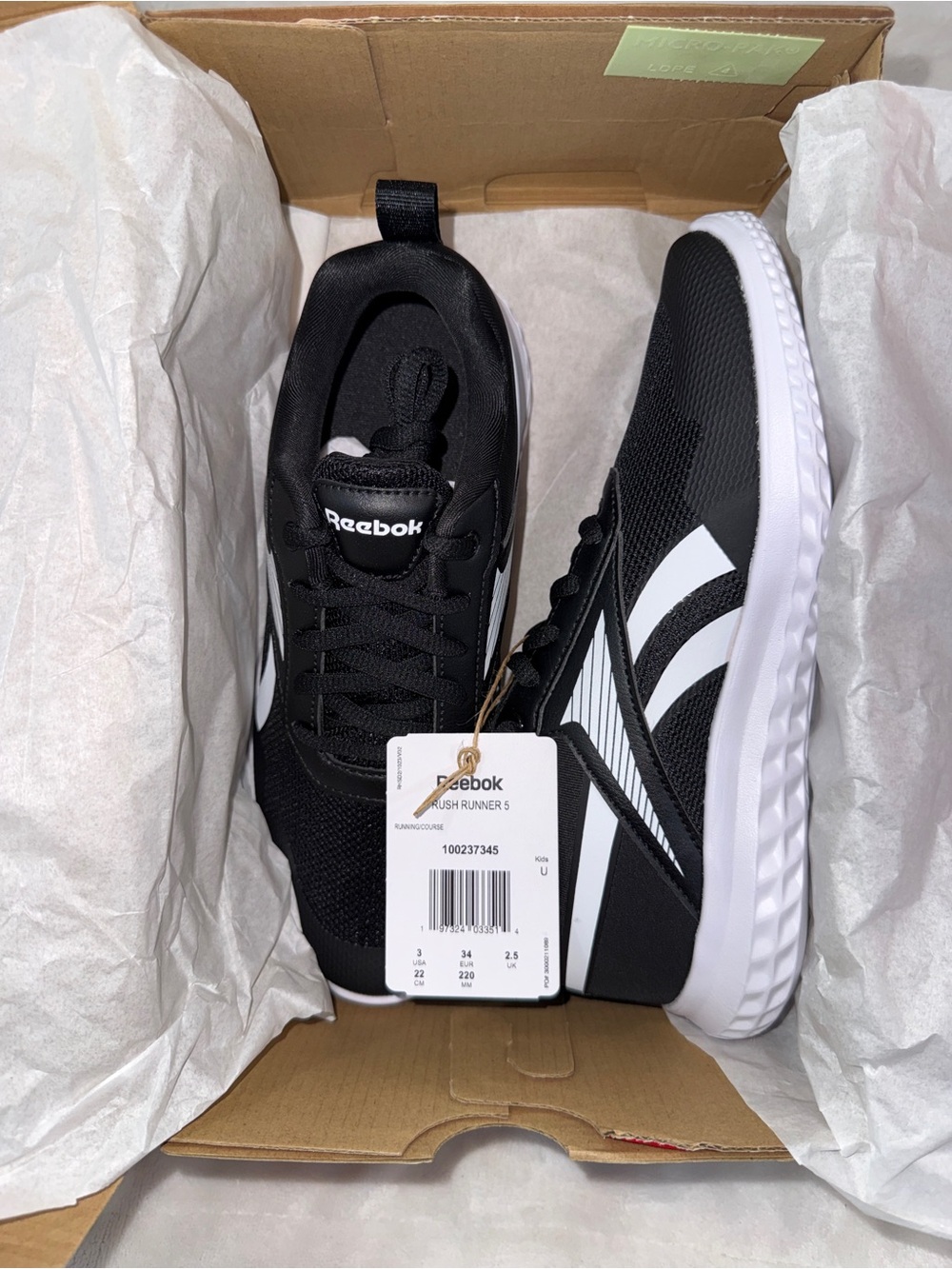Reebok Rush Runner 5 Black White Kids Youth 3 Women’s 4.5 100237345 NWT - Picture 7 of 14